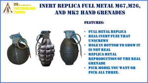 Inert Replica full metal M67, M26, MK2 Hand Grenades